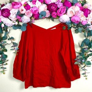 •LOFT• Boxy {brick red} Balloon-Sleeved |V-neck| [linen-blend] Blouse